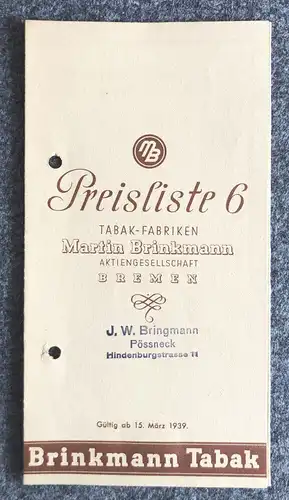 Tabak Fabriken Aktiengesellschaft Bremen Preisliste 6 von 1939 Prospekt
