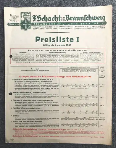 Preisliste Pflanzenschutzmittel Fabrik 1933 Schacht GmbH Braunschweig