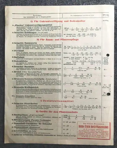 Preisliste Pflanzenschutzmittel Fabrik 1933 Schacht GmbH Braunschweig