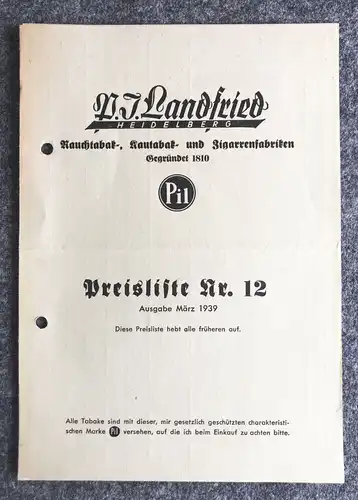 Prospekt 1939 Landfried Heidelberg Rauchtabak Zigarettenfabriken Preisliste