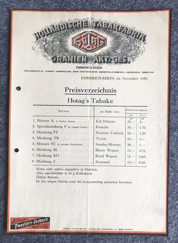Preisverzeichnis Hotags Tabake 1939 alte Preisliste