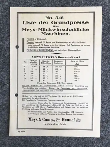 Preisliste Meys Milchwirtschaftliche Maschinen 1938 alter Prospekt