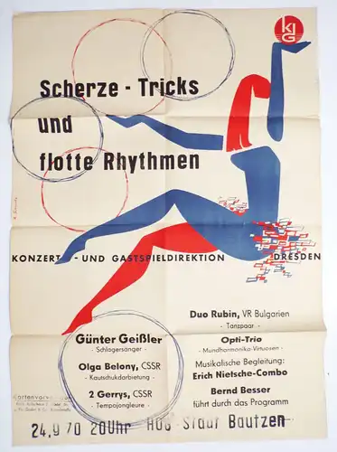 Plakat Bautzen Scherze Tricks flotte Rythmen Tanz Günter Geißler 1970 DDR