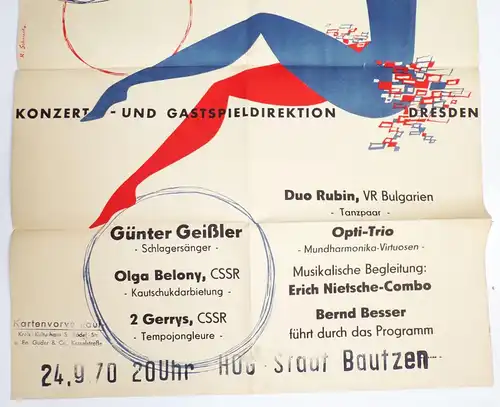 Plakat Bautzen Scherze Tricks flotte Rythmen Tanz Günter Geißler 1970 DDR