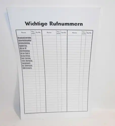 DDR Kunststoff Hinweisschild Warnschild WICHTIGE RUFNUMMERN VV Freiberg