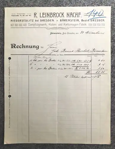Alte Rechnung 1905 Bärenstein Bezirk Dresden Niedersedlitz Kartonagen Fabrik