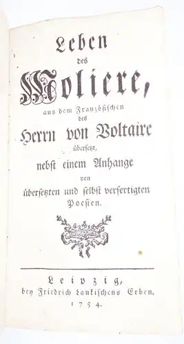 Voltaire Leben des Molière 1754 Rarität 