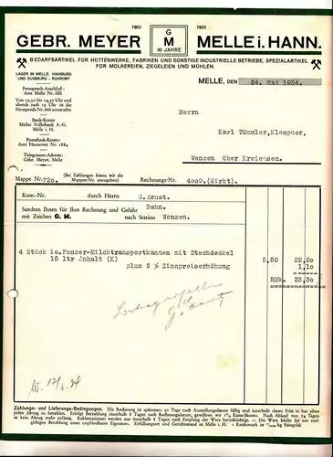 Rechnung Gebr.Meyer Melle i.Hann. Bedarfsartikel Hüttenwerke Bergbau 1934 ! (D2