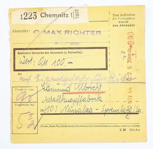 DR Paketkarte 1944 Max Richter Chemnitz nach Neusalza Spremberg