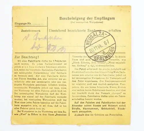 DR Paketkarte 1944 Max Richter Chemnitz nach Neusalza Spremberg