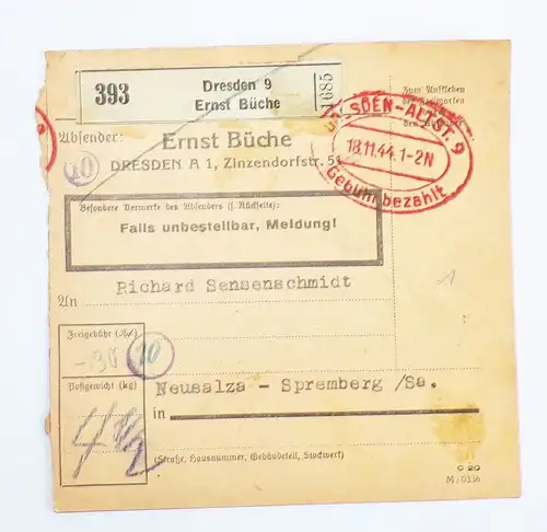 DR Paketkarte Dresden Ernst Büche Gebühr bezahlt Stempel