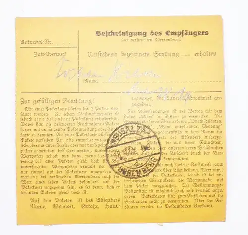 DR Paketkarte Dresden Schubert Wolf mit bezahlt Stempel 1944 Neusalza Spremberg