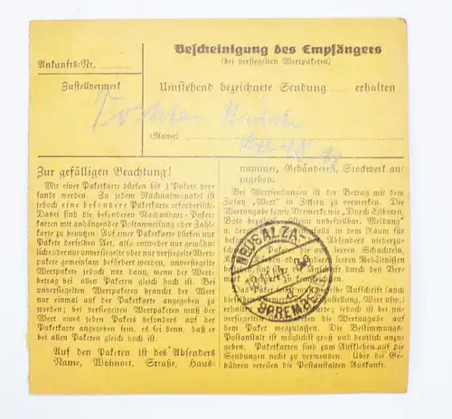 Deutsches Reich Paketkarte Dresden Schubert u Wolf mit bezahlt Stempel 1944