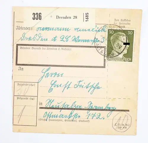 Deutsches Reich Paketkarte Dresden 28 nach Neusalza Spremberg 1944
