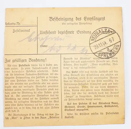 Deutsches Reich Paketkarte Dresden 28 nach Neusalza Spremberg 1944