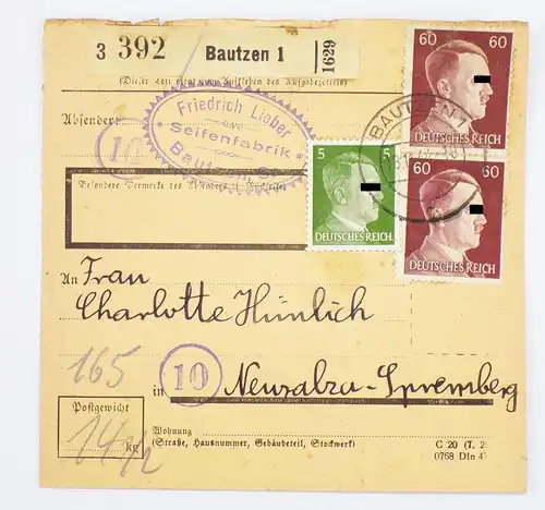 DR Paketkarte Bautzen Lieber Seifenfabrik Neusalza Spremberg MiF 1944