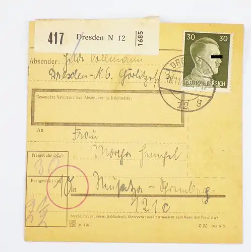 DR Paketkarte 1944 Dresden N 12 nach Neusalza Spremberg 30 Reichspfennig