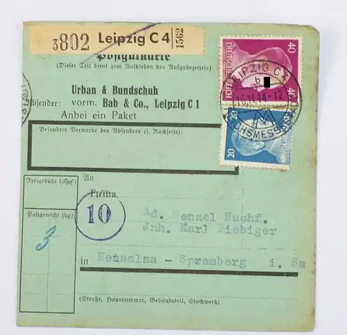 DR Paketkarte Leipzig C4 Urban Bundschuh nach Neusalza Spremberg 1944 MIF