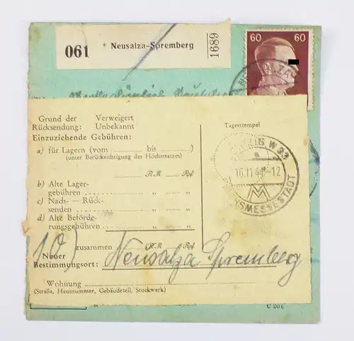 DR Paketkarte 1944 Verweigert Neusalza Spremberg