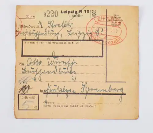 DR Paketkarte Leipzig Gebühr bezahlt 1944 nach Neusalza Spremberg Stempel