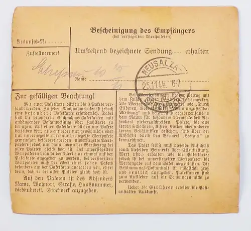 DR Paketkarte Leipzig Gebühr bezahlt 1944 nach Neusalza Spremberg Stempel