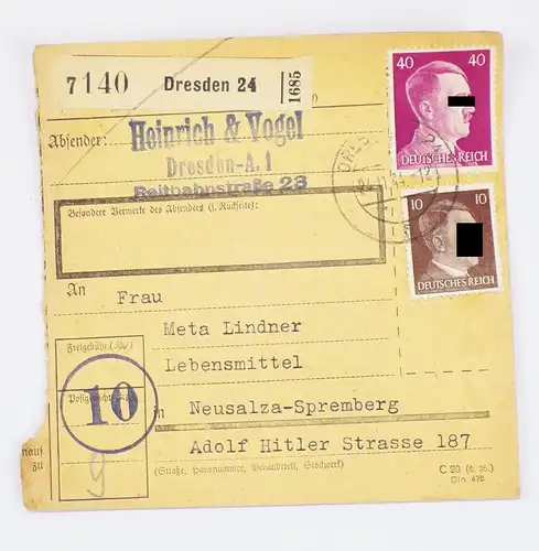 Alte Paketkarte Heinrich Vogel Dresden 1944 nach Neusalza Spremberg Oberlausitz