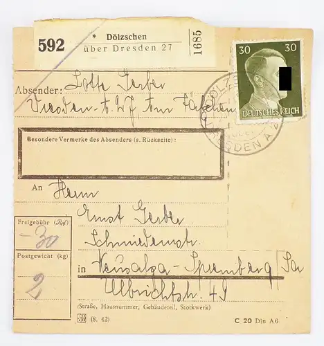 Alte Paketkarte Dölzschen über Dresden 27 nach Neusalza 30 RPf 1944