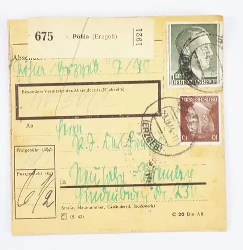 Paketkarte Pöhla Erzgebirge nach Neusalza Spremberg 1 Reichsmark + 10 Pf  DR