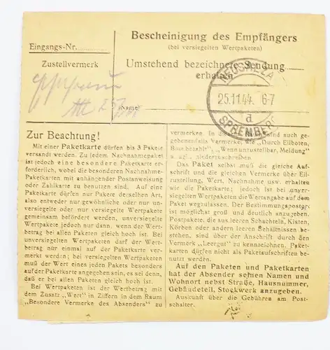 Paketkarte Pöhla Erzgebirge nach Neusalza Spremberg 1 Reichsmark + 10 Pf  DR