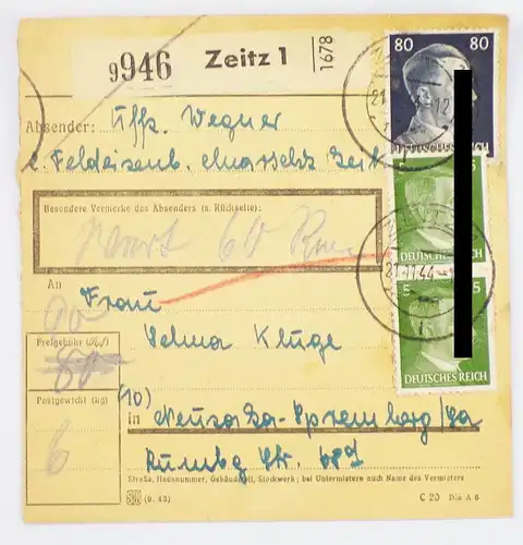 Paketkarte Zeitz 1 nach Neusalza Spremberg Mischfrankatur 1944
