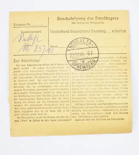 Paketkarte Zeitz 1 nach Neusalza Spremberg Mischfrankatur 1944