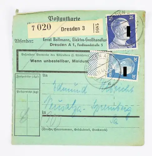 Postgutkarte 1944 DR 20 Pfennig Randstück 25 Pf Dresden Bollmann Elektro Handel