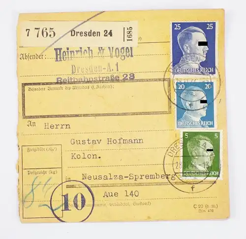 DR Paketkarte 1944 Dresden 24 Heinrich u Vogel Neusalza Spremberg Mischfrankatur