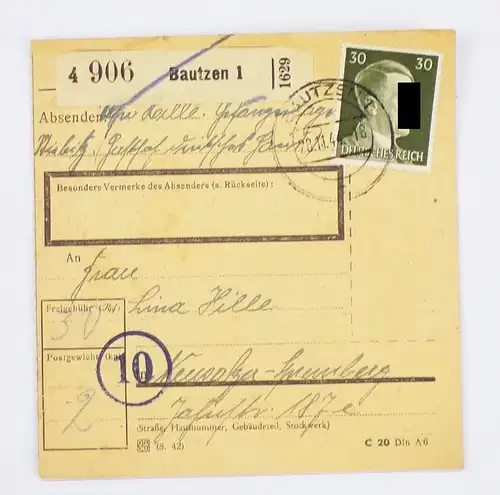 DR Paketkarte 1944 Bautzen I nach Neusalza Spremberg 30 Pfennig