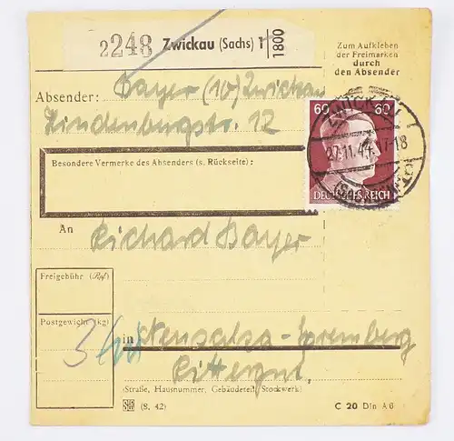 DR Paketkarte 1944 Zwickau nach Neusalza Spremberg 60 Pfennig