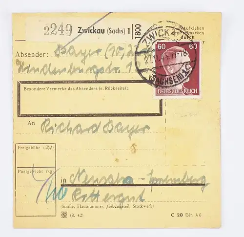 DR Paketkarte 1944 Zwickau nach Neusalza Spremberg Rittergut