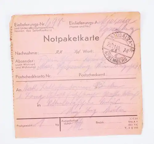 Not Paketkarte 1944 Neusalza Spremberg Deutsches Reich