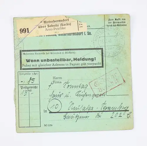 Paketkarte 1944 Hinterhermsdorf Gebühr Bezahlt Stempel