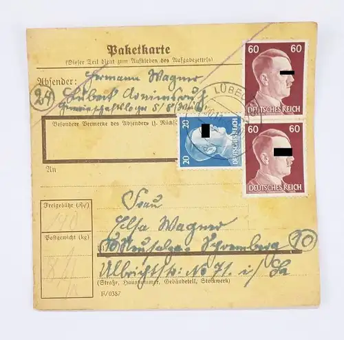 Paketkarte DR Lübeck nach Neusalza Spremberg 1944