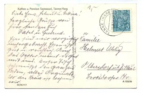 DDR Ak Cafe und Pension Sanssouci Tanne Harz 1955