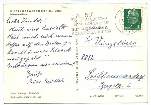 DDR Ak Mittelherwigsdorf Kreis Zittau Feierabendheim 1965