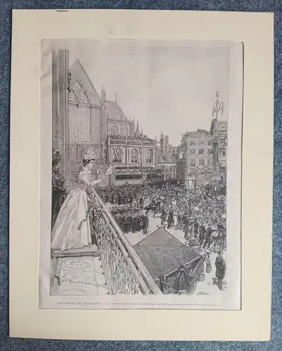Alter Holzstich 1898 Les Fetes de Hollande La reine Wilhelmine