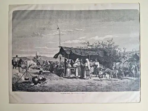 Holzstich 1871 Der Markt von Raureni Rumänien