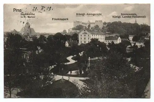 Ak Pirna Stadtkirche Friedenspark Königliches Amtsgericht Sonnenschein 1908