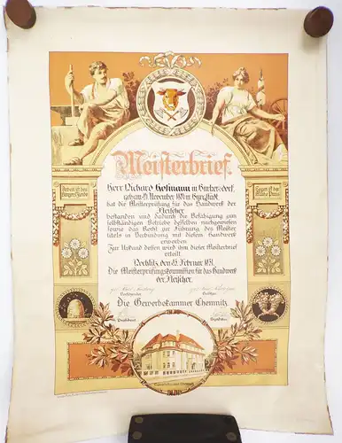 Alter Fleischer Meisterbrief Rochlitz Chemnitz 1931 Metzger Litho Druck