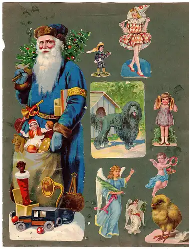 Alte aufgeklebte Oblaten Weihnachtsmann Küken 