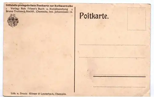 Künstler Ak Rathaus Weihe Chemnitz 1911 H Greger signiert Festkarte