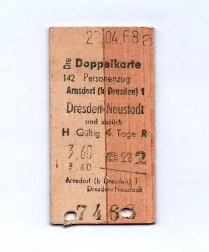 Alter Fahrschein Arnsdorf bei Dresden Neustadt 1968