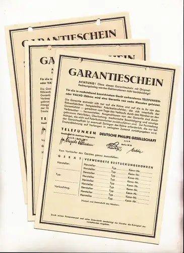 Lot Radio Dokumente Garantiescheine Röhren Telefunken um 1935