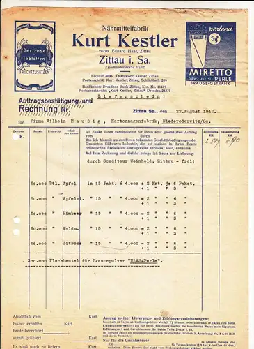 Rechnung Kurt Kestler Nährmittelfabrik Zittau 1942